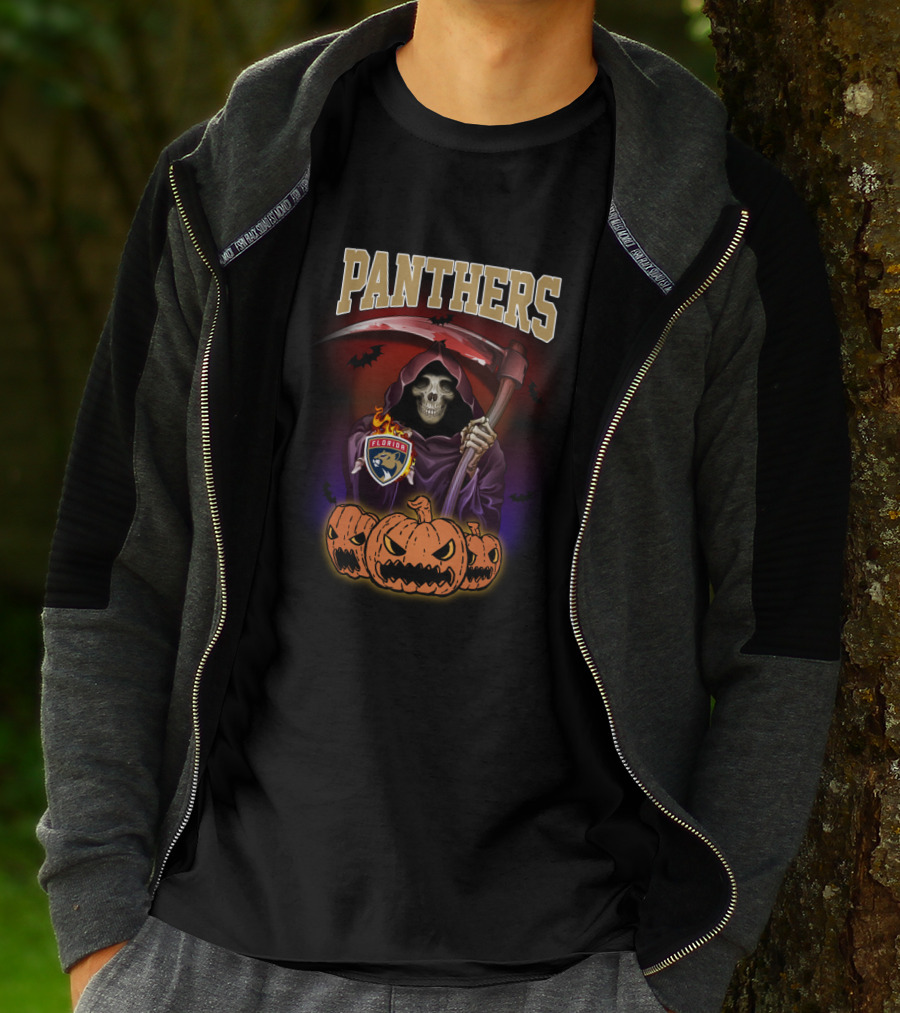 Panthers Grim Reaper Halloween Florida Hockey Logo Pumpkins Scythe T-Shirt