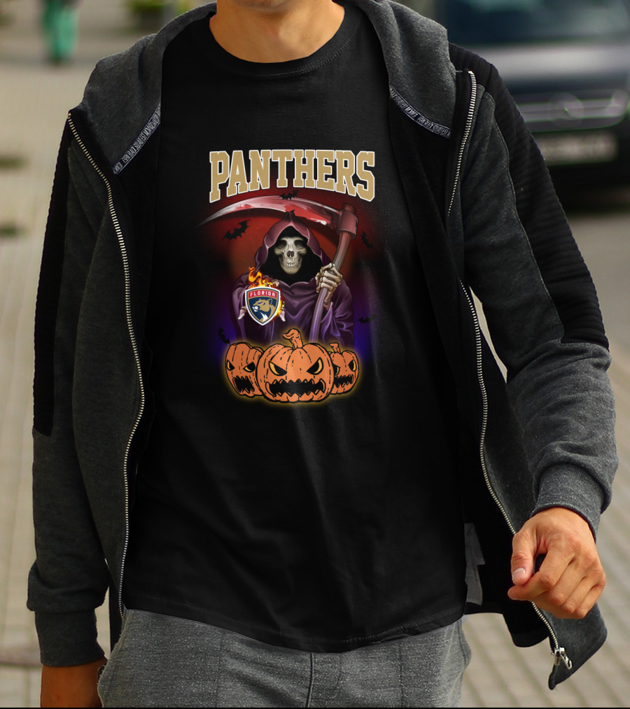 Panthers Grim Reaper Halloween Florida Hockey Logo Pumpkins Scythe T-Shirt