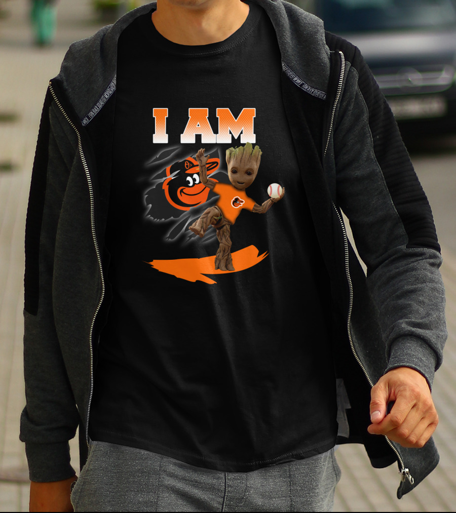 I Am Baltimore Orioles Groot With Baseball And Mascot T-Shirt