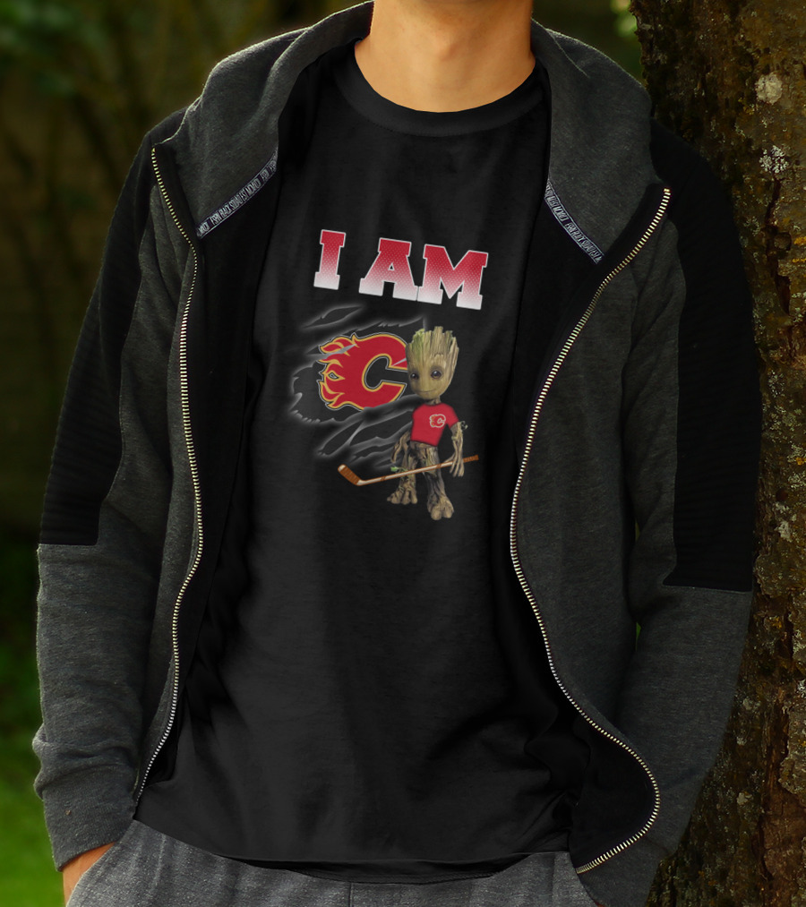 I Am Calgary Flames Groot With Hockey Stick And Flames T-Shirt