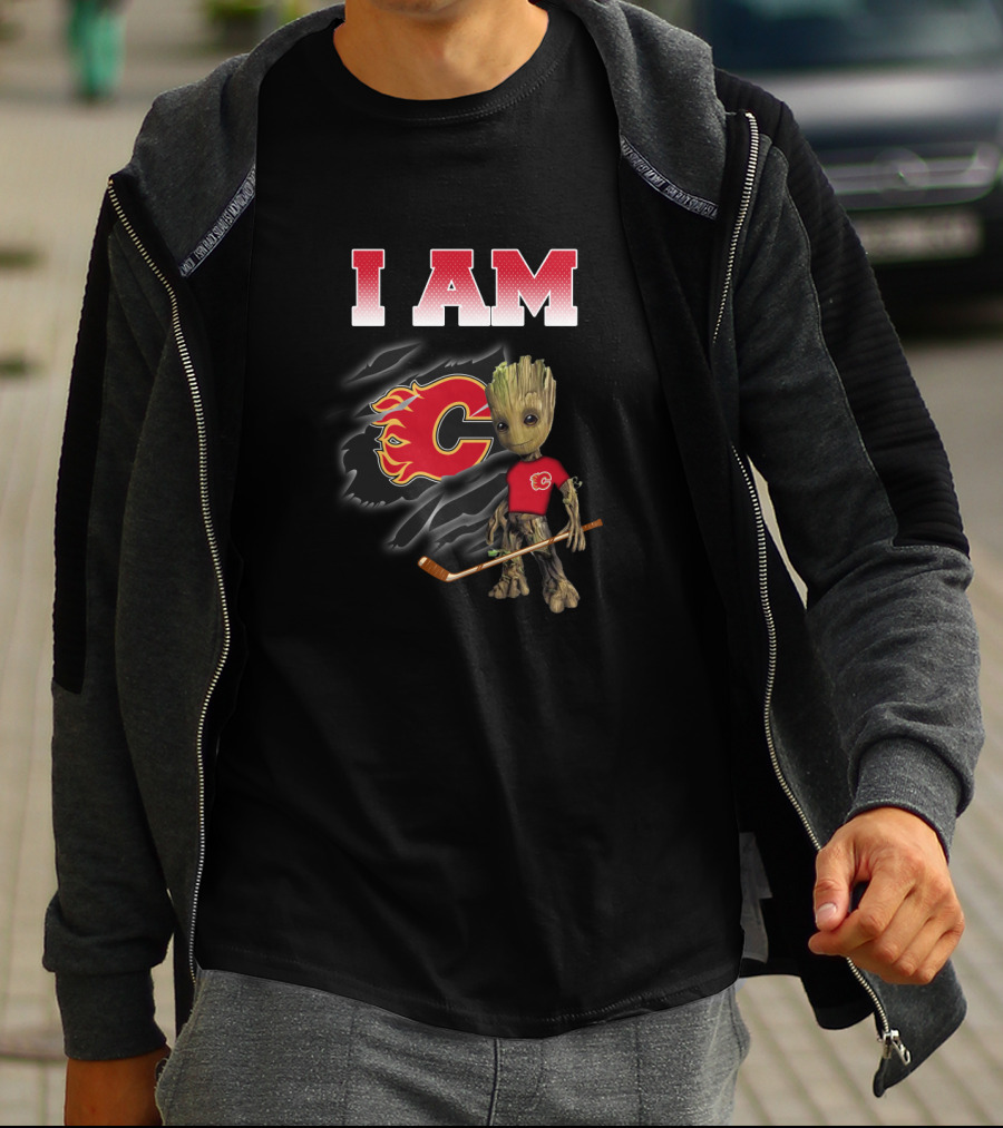 I Am Calgary Flames Groot With Hockey Stick And Flames T-Shirt