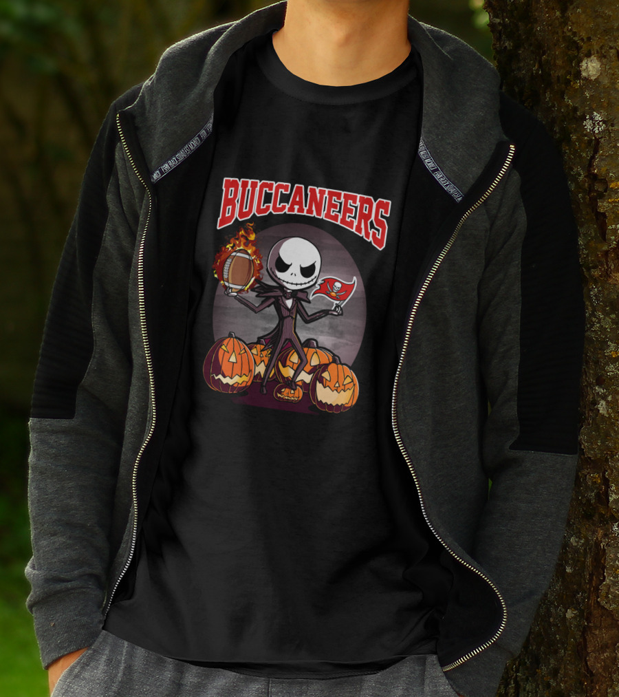Jack Skellington Buccaneers Halloween With Flaming Football And Pirate Flag T-Shirt