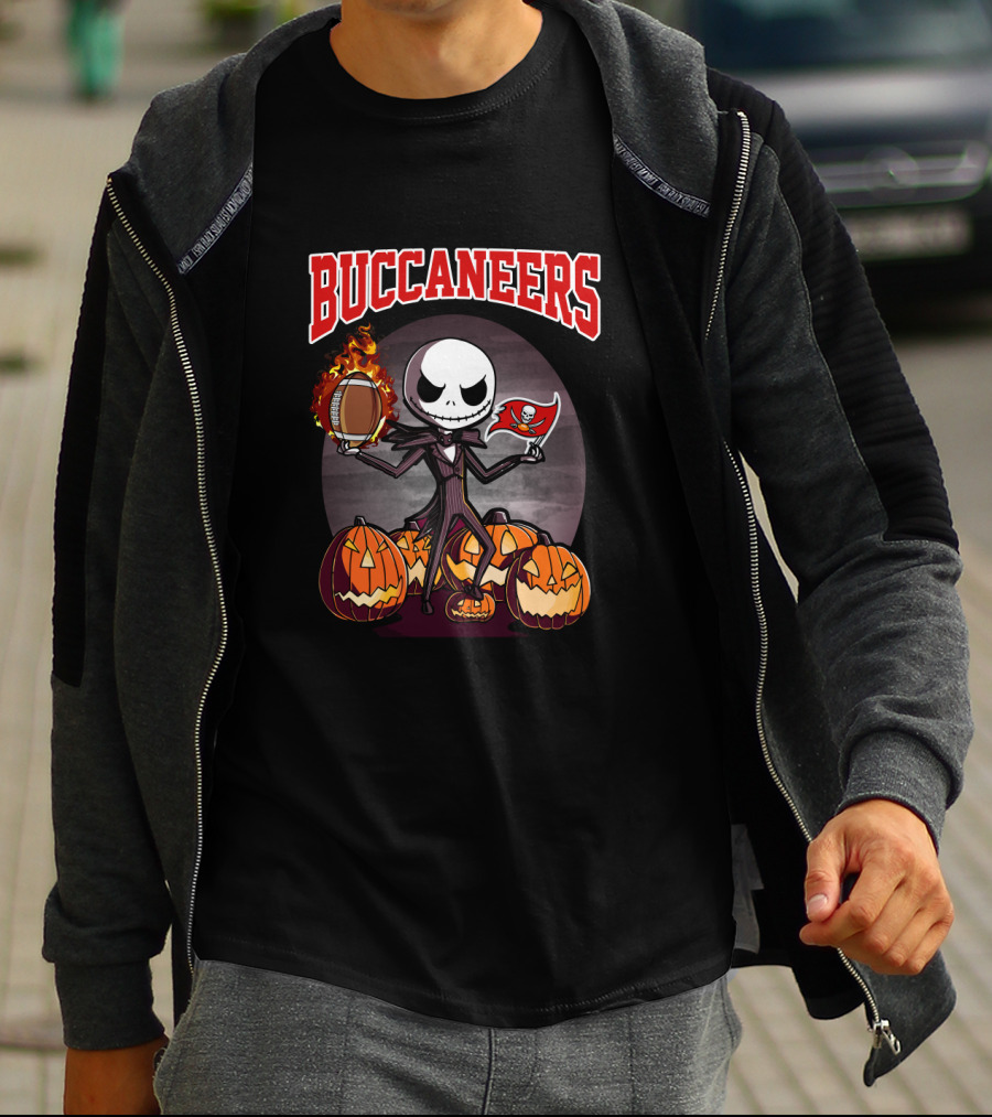 Jack Skellington Buccaneers Halloween With Flaming Football And Pirate Flag T-Shirt