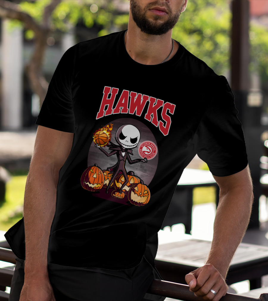 Jack Skellington Halloween Atlanta Hawks Basketball And Pumpkins T-Shirt