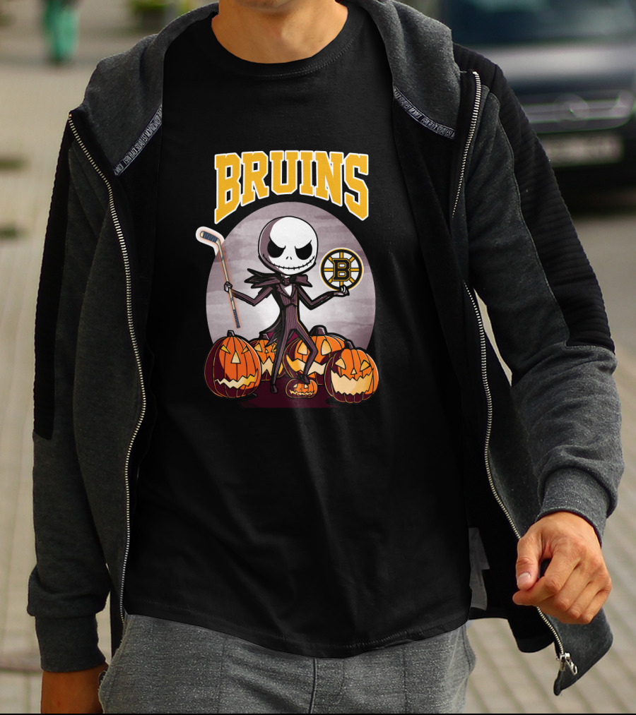 Bruins Jack Skellington Halloween With Boston Hockey Pumpkins T-Shirt