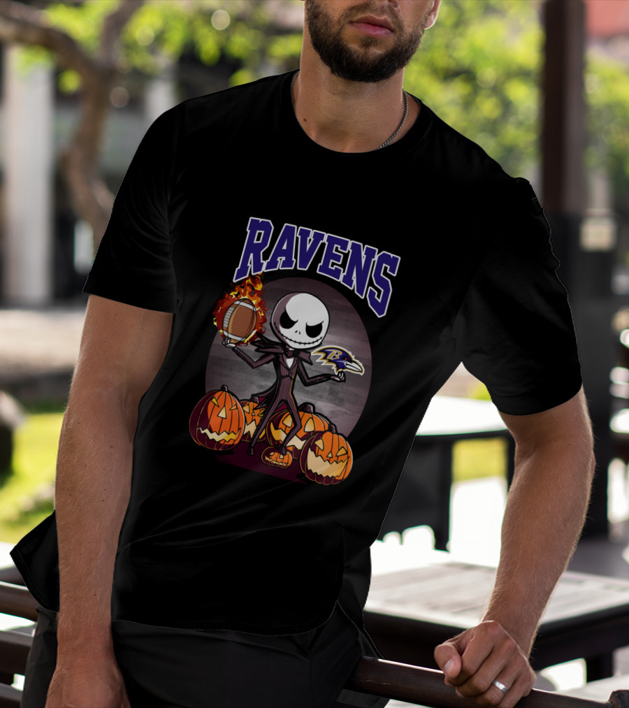 Jack Skellington Halloween Baltimore Ravens Pumpkin Football Ravens T-Shirt