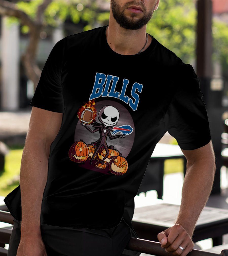 Jack Skellington Buffalo Bills Halloween Pumpkins Football And Flames T-Shirt