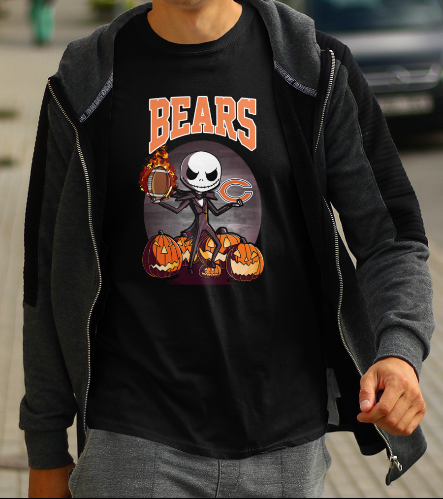 Bears Jack Skellington Halloween Chicago Football Theme With Pumpkins T-Shirt