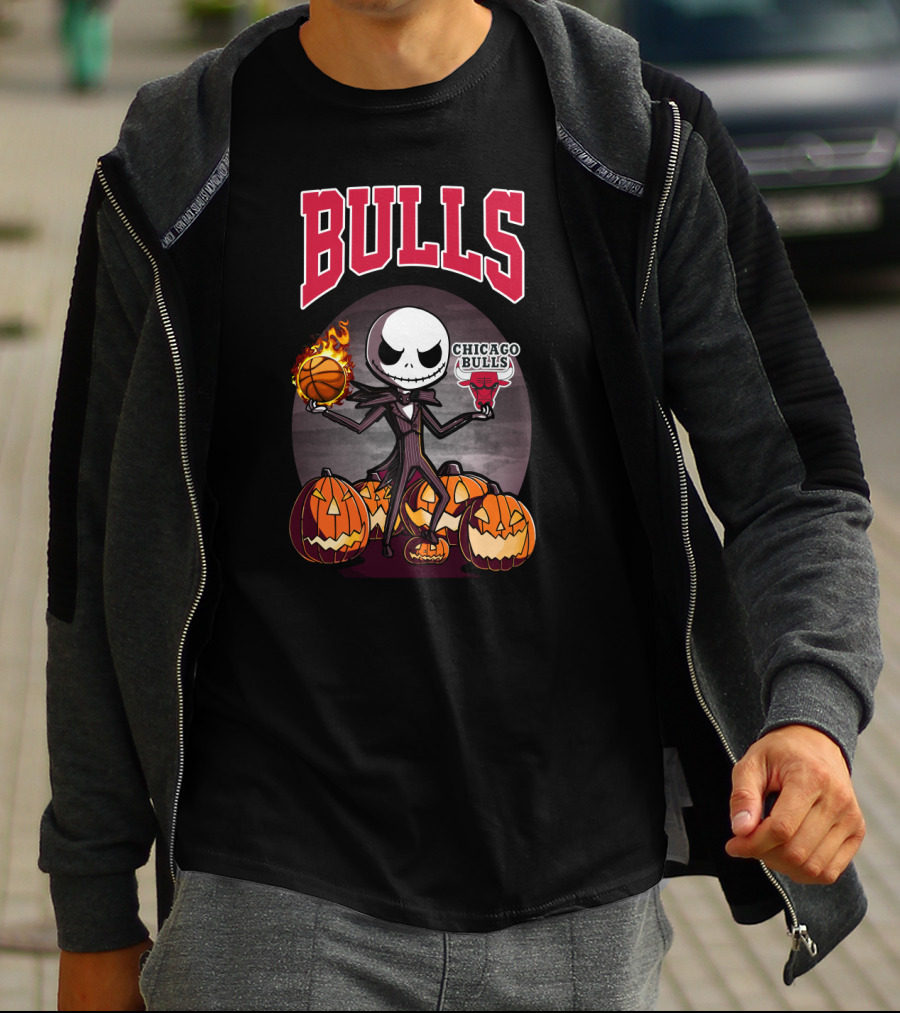 Bulls Halloween Jack Skellington Chicago Bulls Basketball Pumpkins T-Shirt