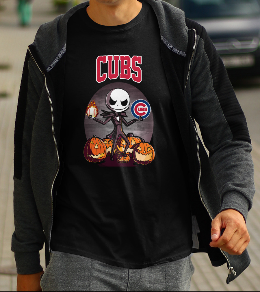 Cubs Jack Skellington Halloween Pumpkin Flame Baseball T-Shirt