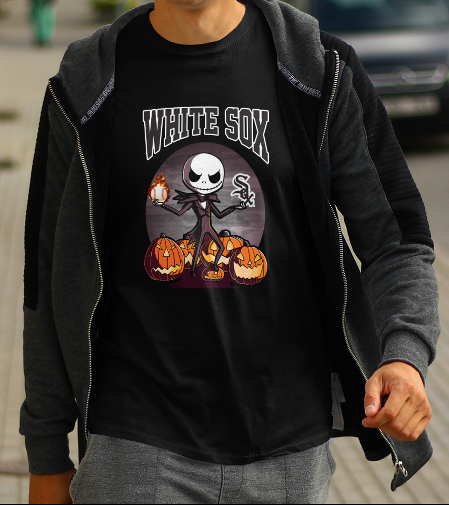 White Sox Halloween Jack Skellington Holding Baseball Surrounded By Pumpkins T-Shirt