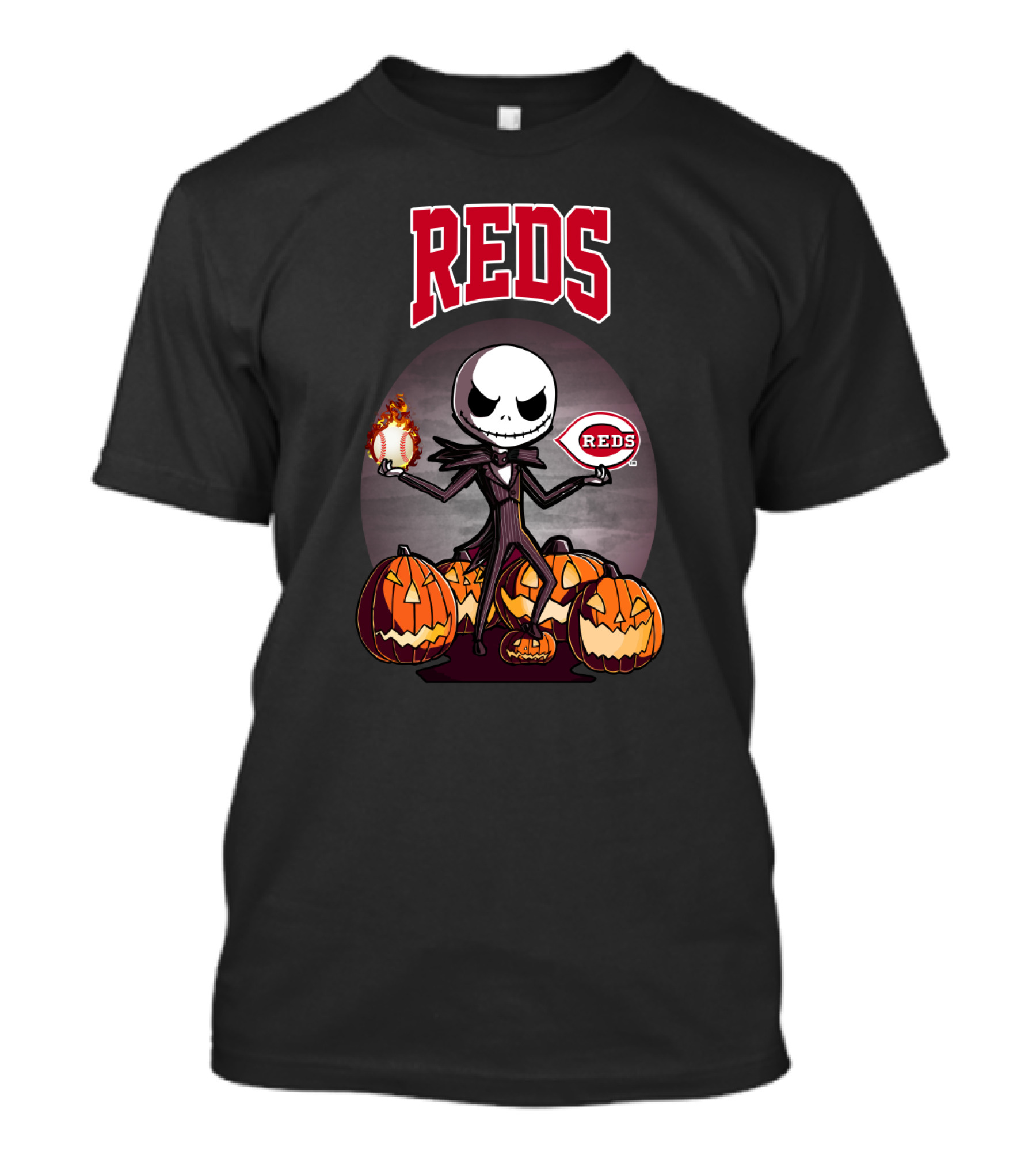 Reds Jack Skellington With Pumpkins And Baseball Cincinnati Halloween T-Shirt