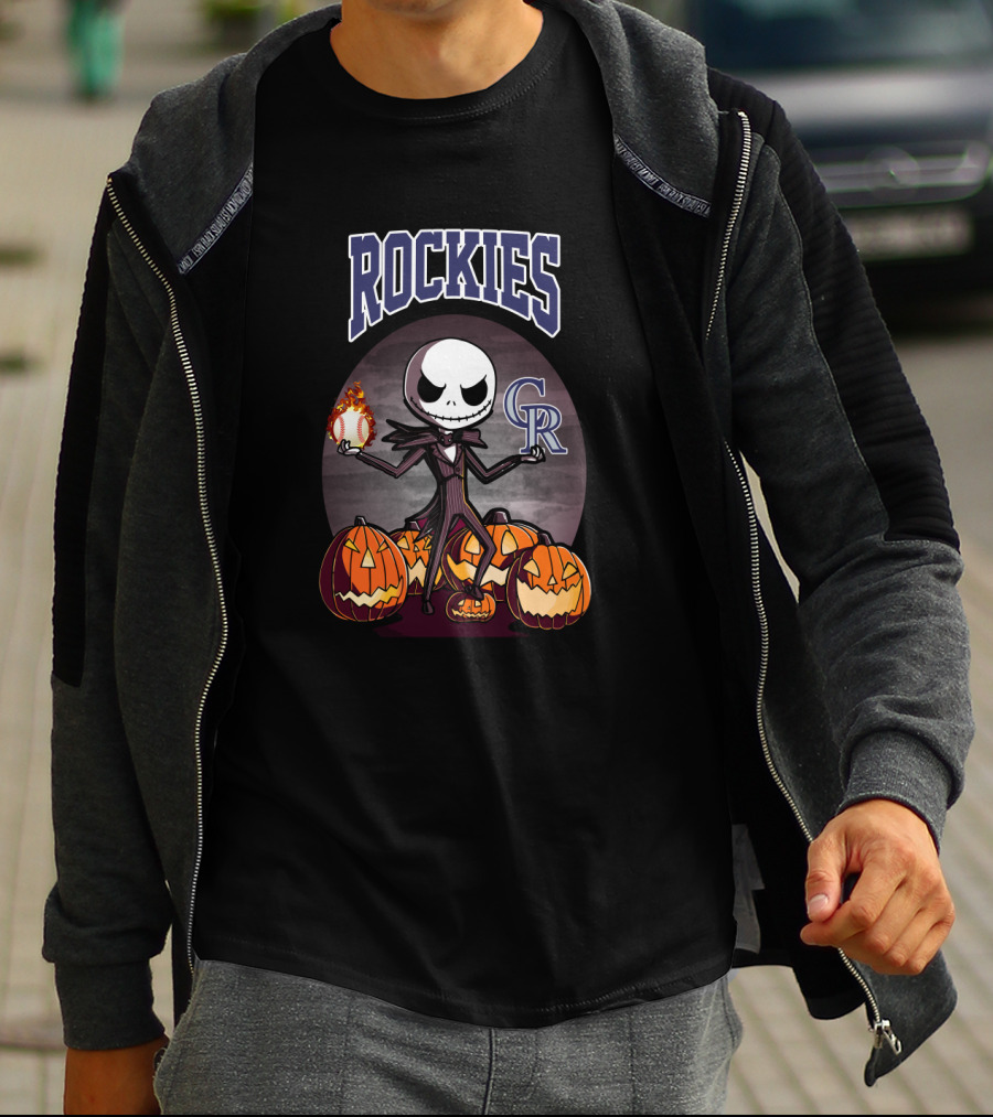 Rockies Halloween Jack Skellington With Colorado Baseball Pumpkins T-Shirt