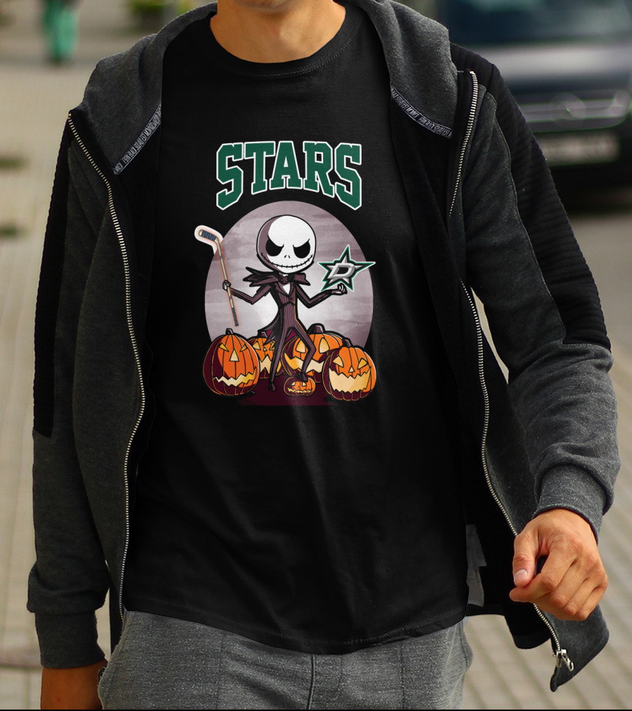 Dallas Stars Halloween Jack Skellington With Hockey Stick And Pumpkins T-Shirt