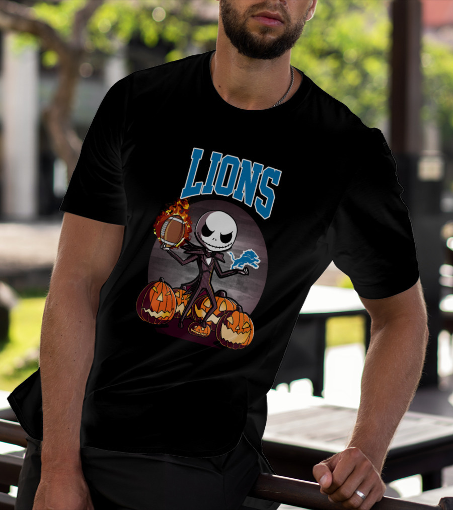 Jack Skellington Detroit Lions Halloween Football With Pumpkins T-Shirt
