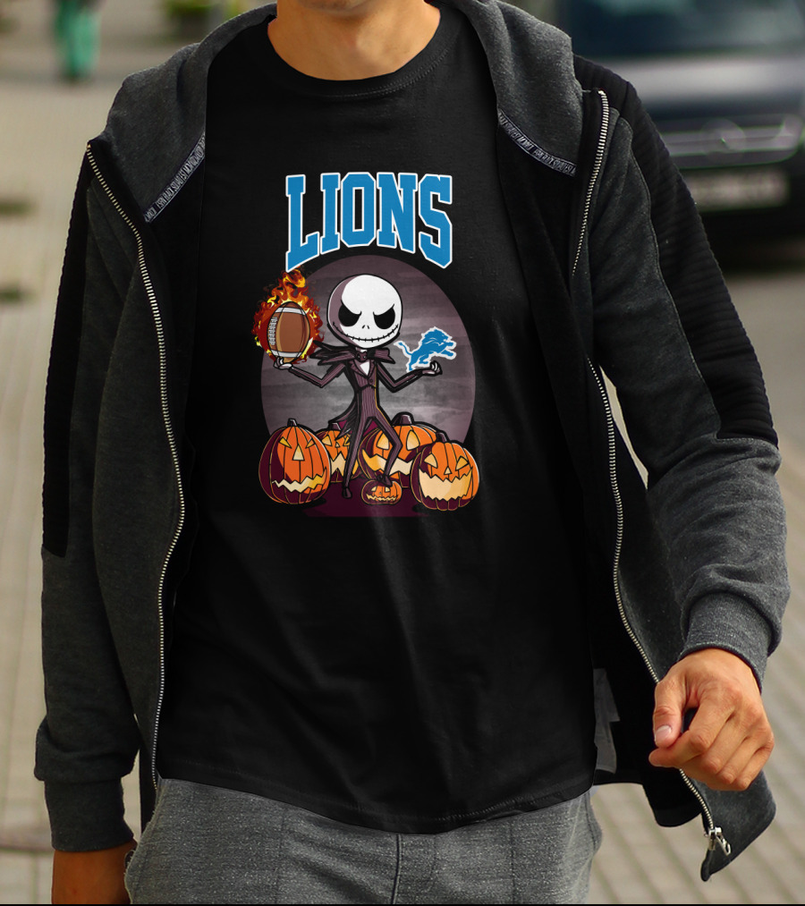 Jack Skellington Detroit Lions Halloween Football With Pumpkins T-Shirt