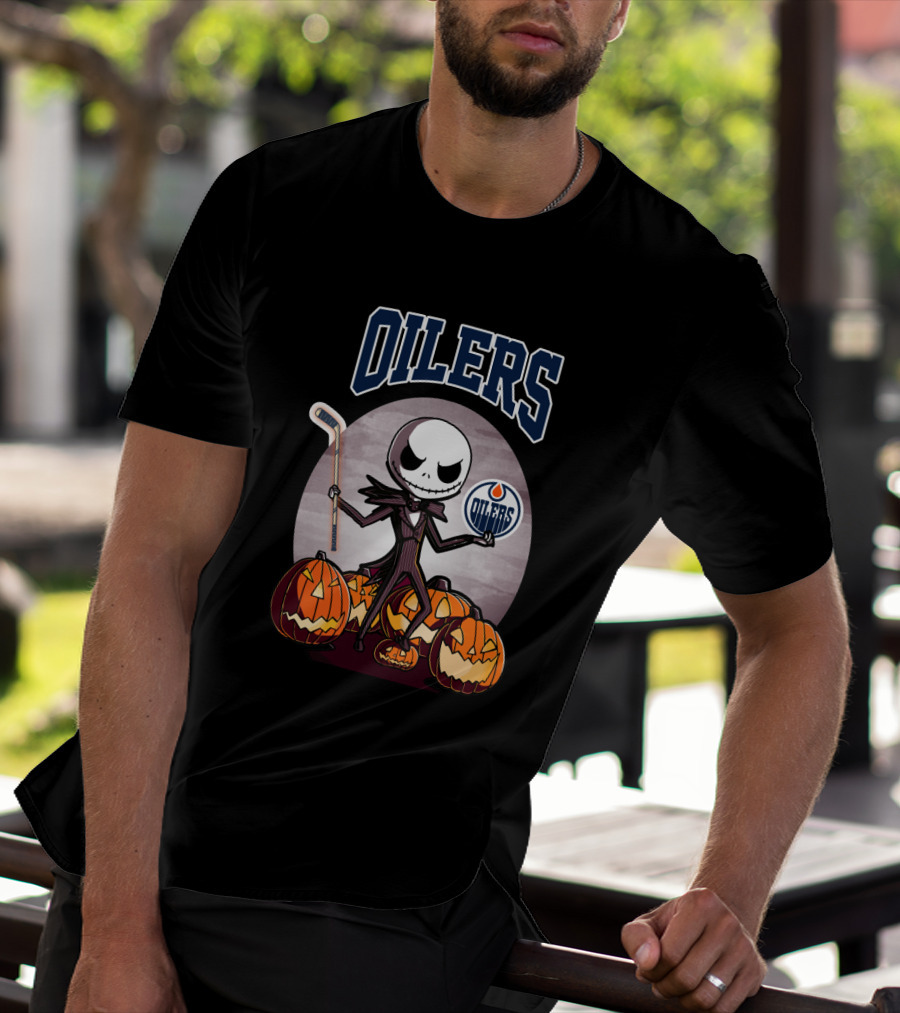 Oilers Jack Skellington Halloween Edmonton Oilers Hockey Pumpkin T-Shirt