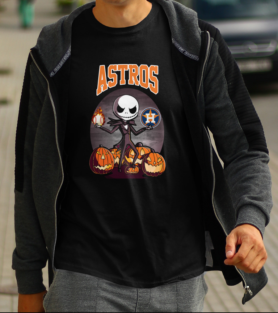 Jack Skellington Holding Houston Astros Baseball Surrounded By Pumpkins T-Shirt