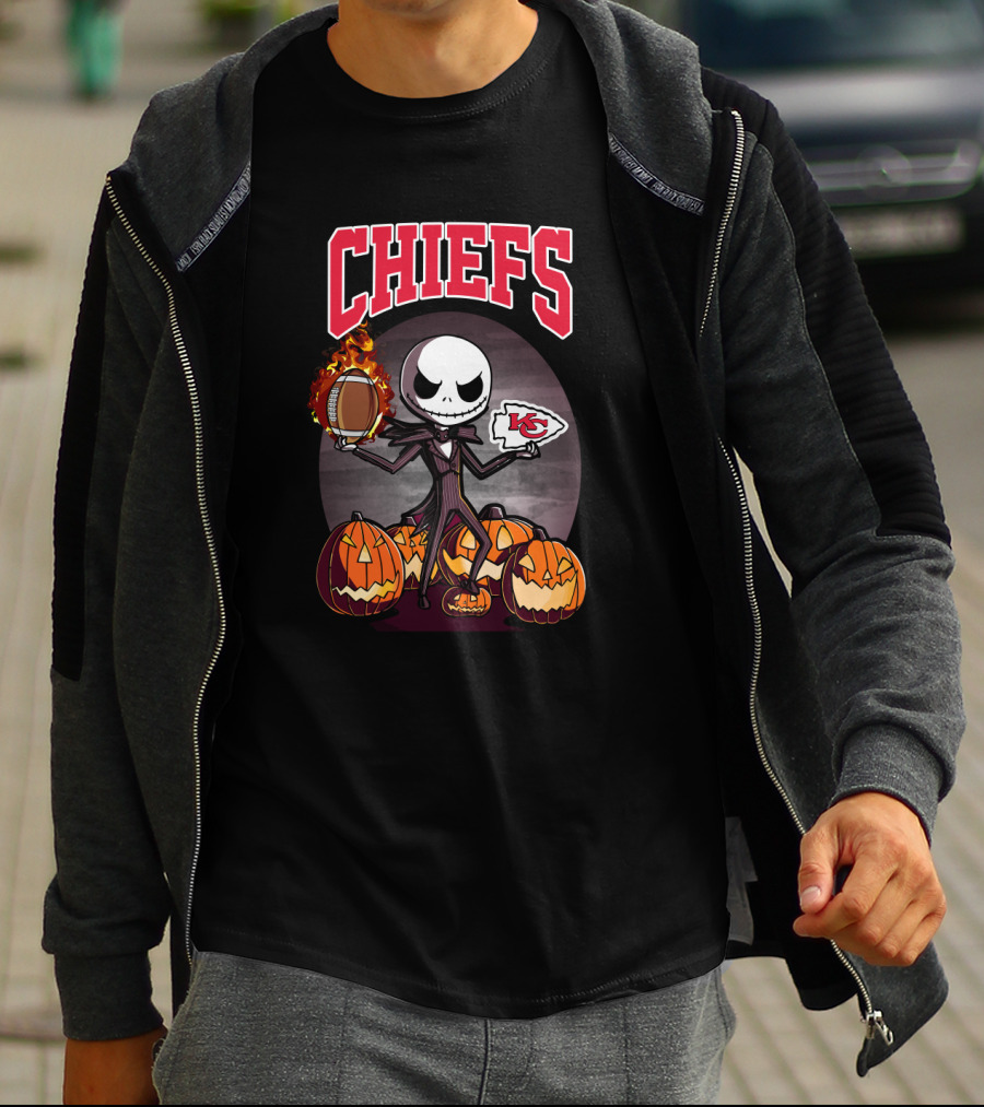 Chiefs Halloween Jack Skellington Kansas City Football Pumpkins T-Shirt