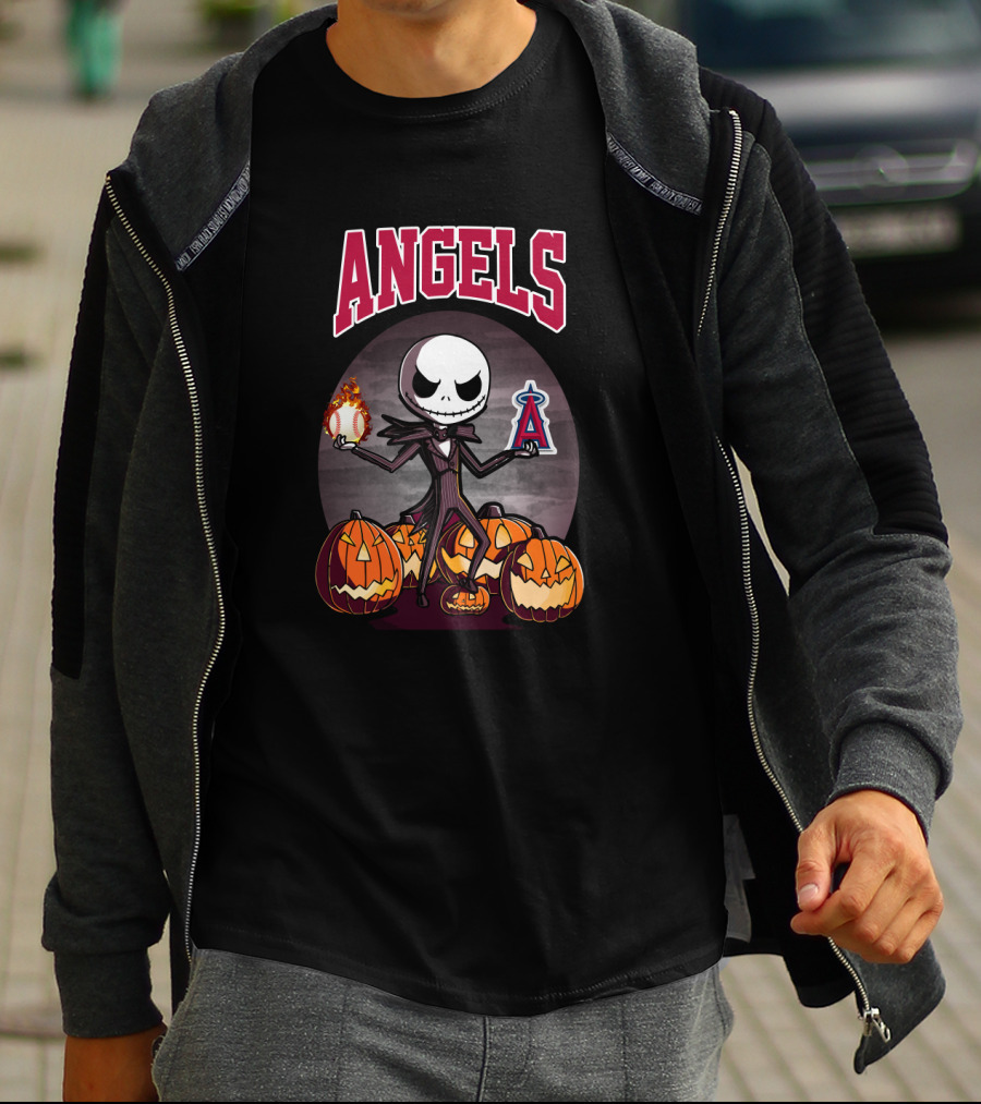 Jack Skellington Halloween Los Angeles Angels Pumpkins With Baseball And Halo T-Shirt