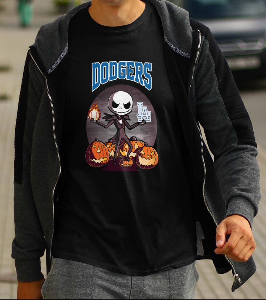 Dodgers Jack Skellington Halloween With LA Logo And Pumpkins T-Shirt