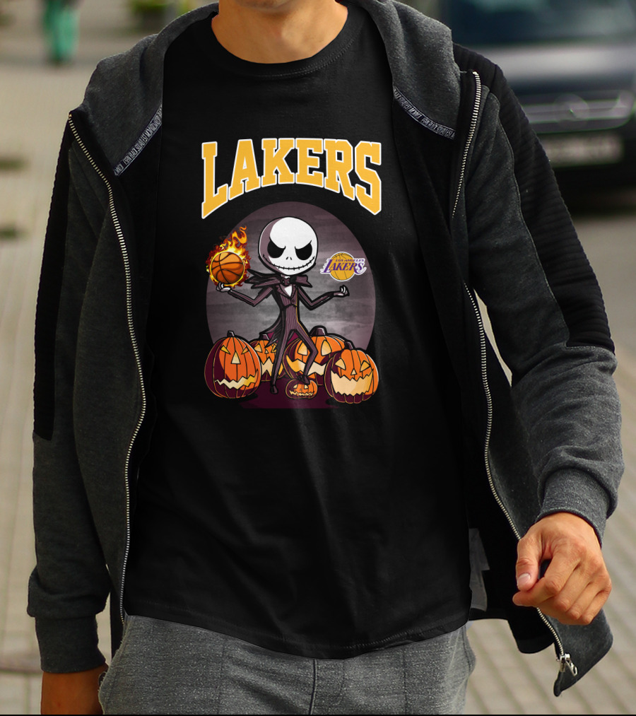 Lakers Jack Skellington Halloween Basketball With Pumpkins And Los Angeles Lakers T-Shirt