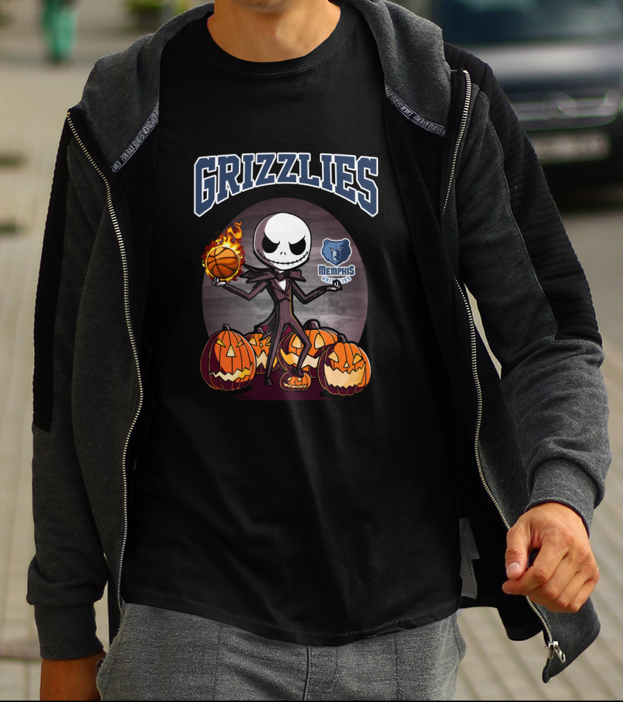 Grizzlies Halloween Jack Skellington With Memphis Basketball And Pumpkins T-Shirt