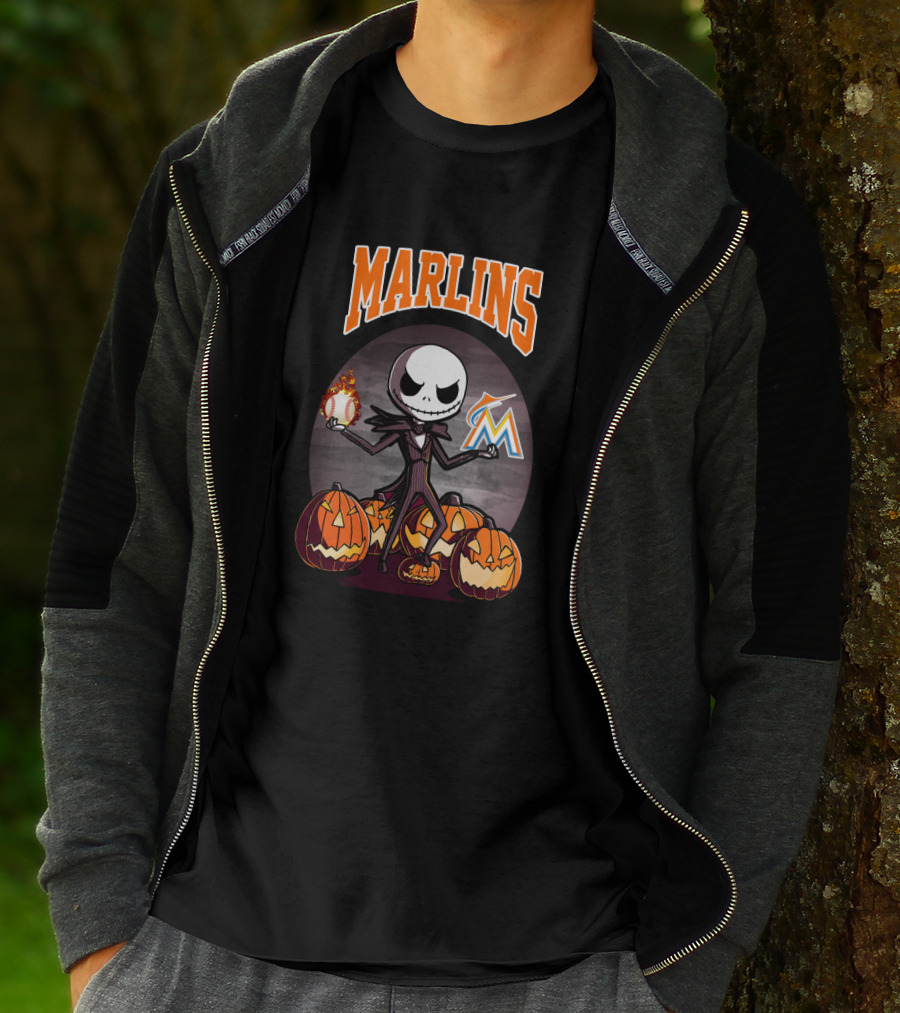 Marlins Jack Skellington With Pumpkins And Miami Baseball T-Shirt