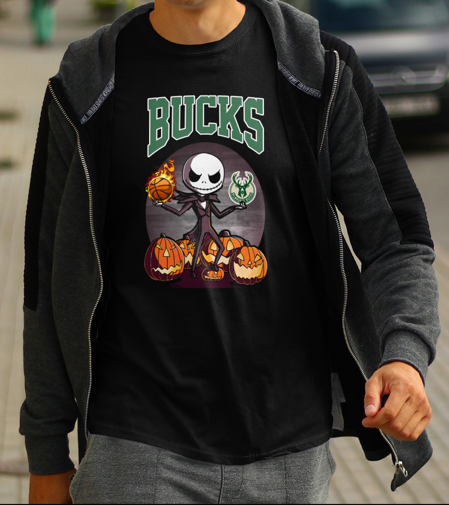 Bucks Jack Skellington Holding Flaming Basketball And Milwaukee Bucks Logo With Halloween Pumpkins T-Shirt
