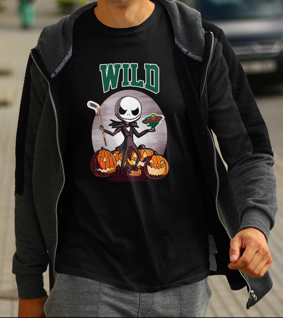 Jack Skellington Halloween Minnesota Wild Hockey Pumpkins T-Shirt