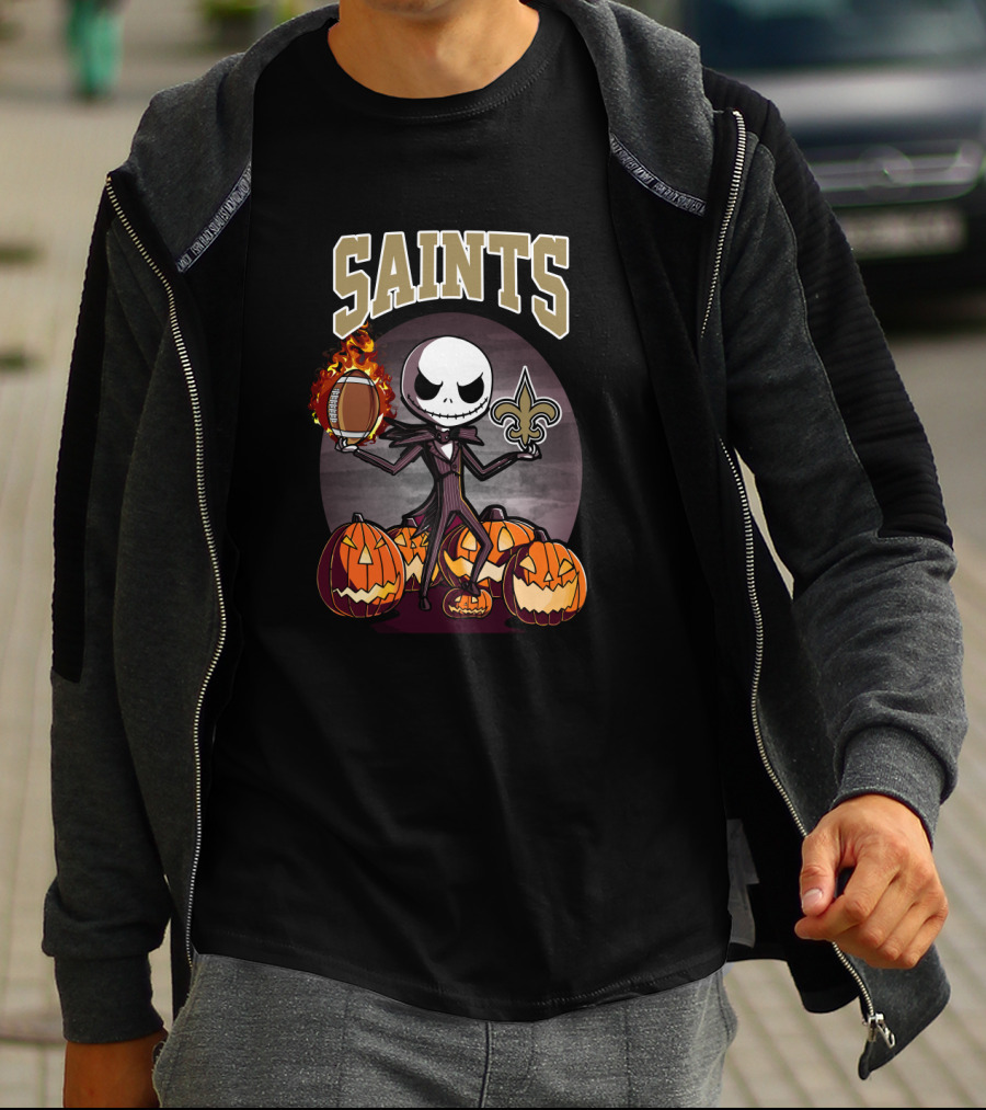 Saints Jack Skellington Halloween Football Pumpkins Fleur-De-Lis T-Shirt