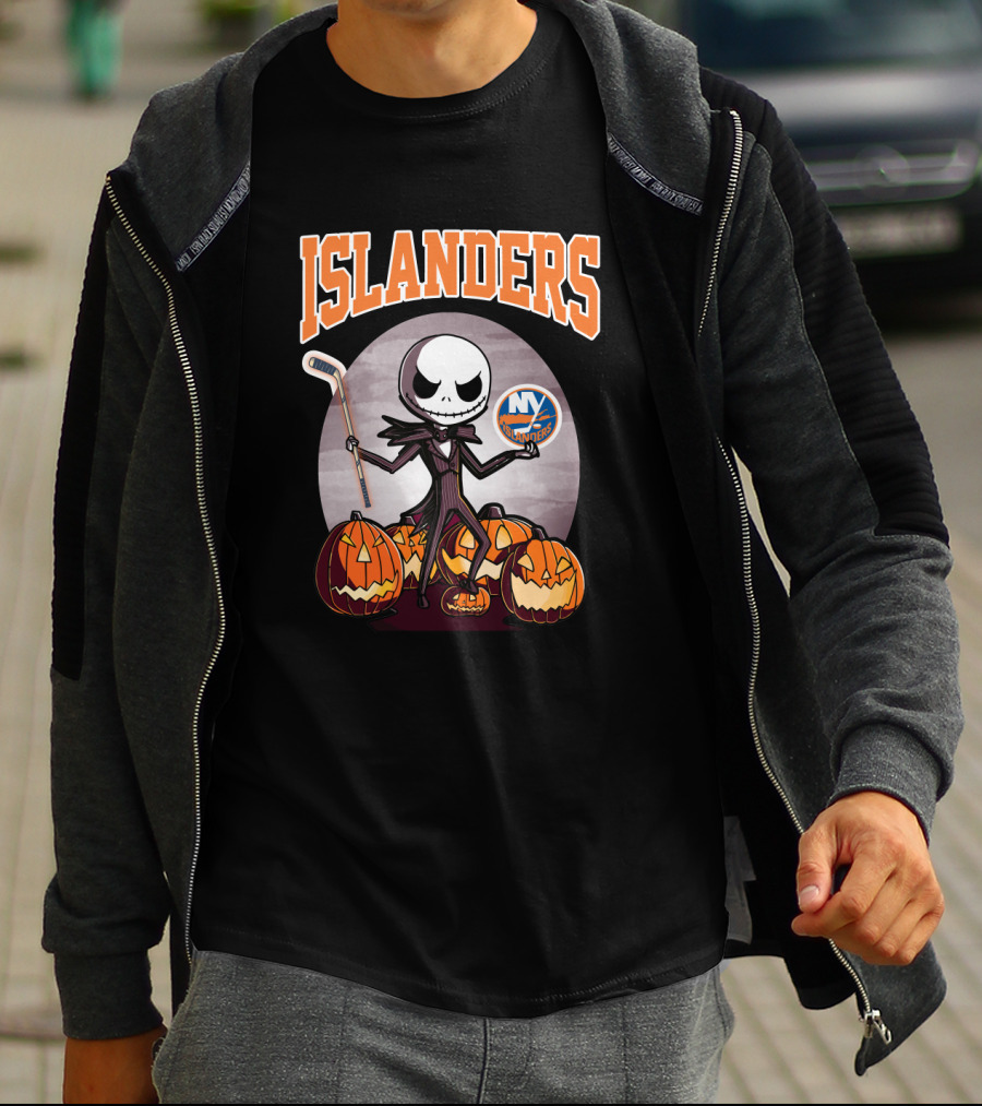 Jack Skellington Halloween New York Islanders Hockey Pumpkins T-Shirt