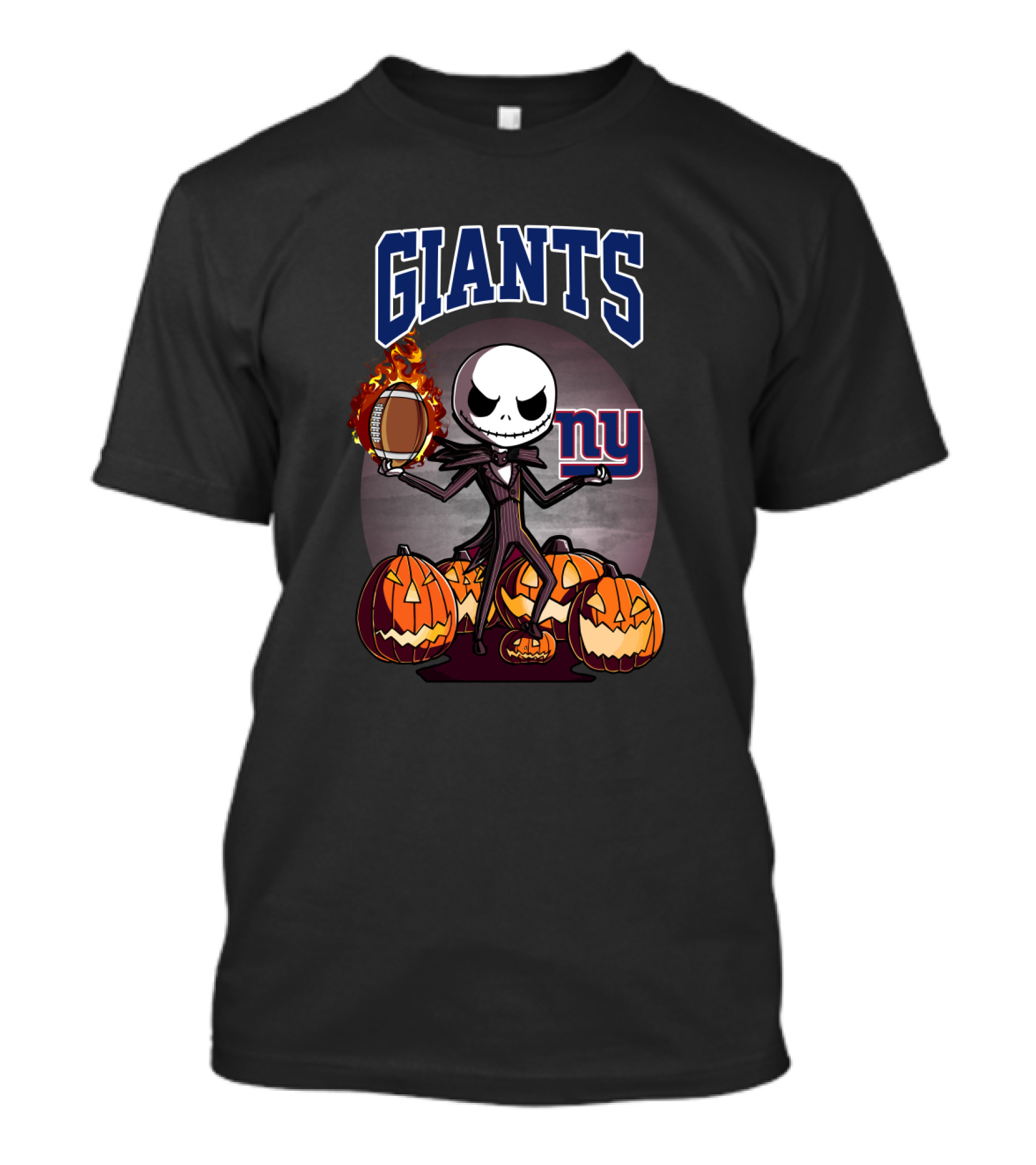 New York Giants Halloween Jack Skellington With Pumpkins And Flaming Football T-Shirt