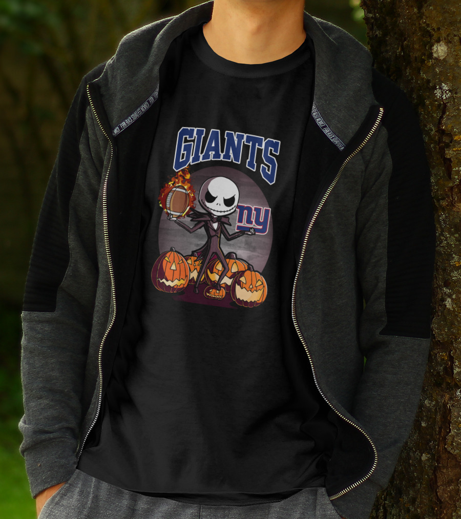 New York Giants Halloween Jack Skellington With Pumpkins And Flaming Football T-Shirt