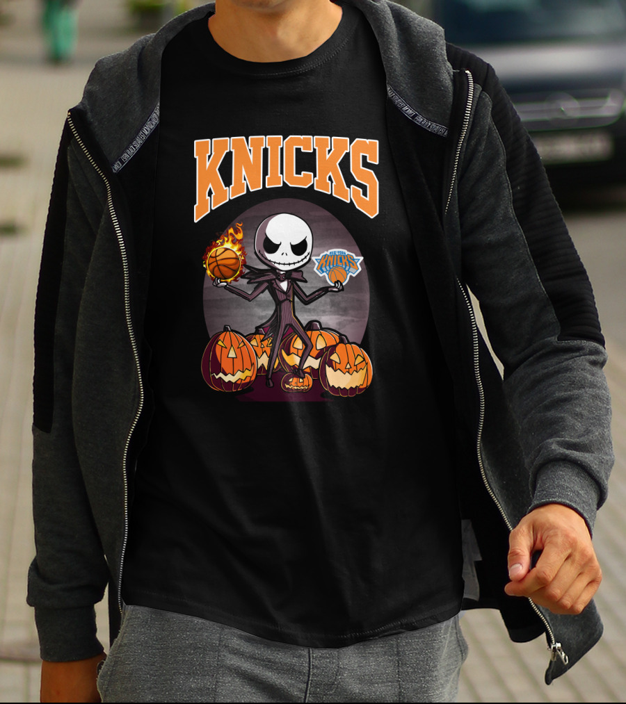 Knicks Jack Skellington Halloween Basketball With Pumpkins T-Shirt