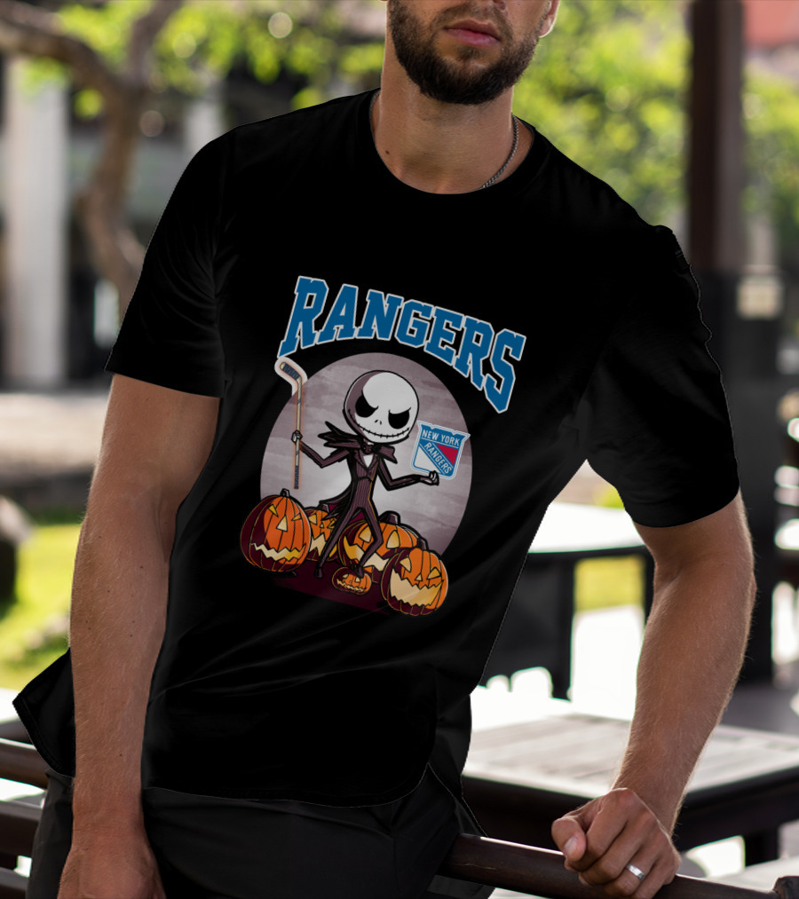 New York Rangers Jack Skellington Halloween Holding Hockey Stick With Pumpkins T-Shirt