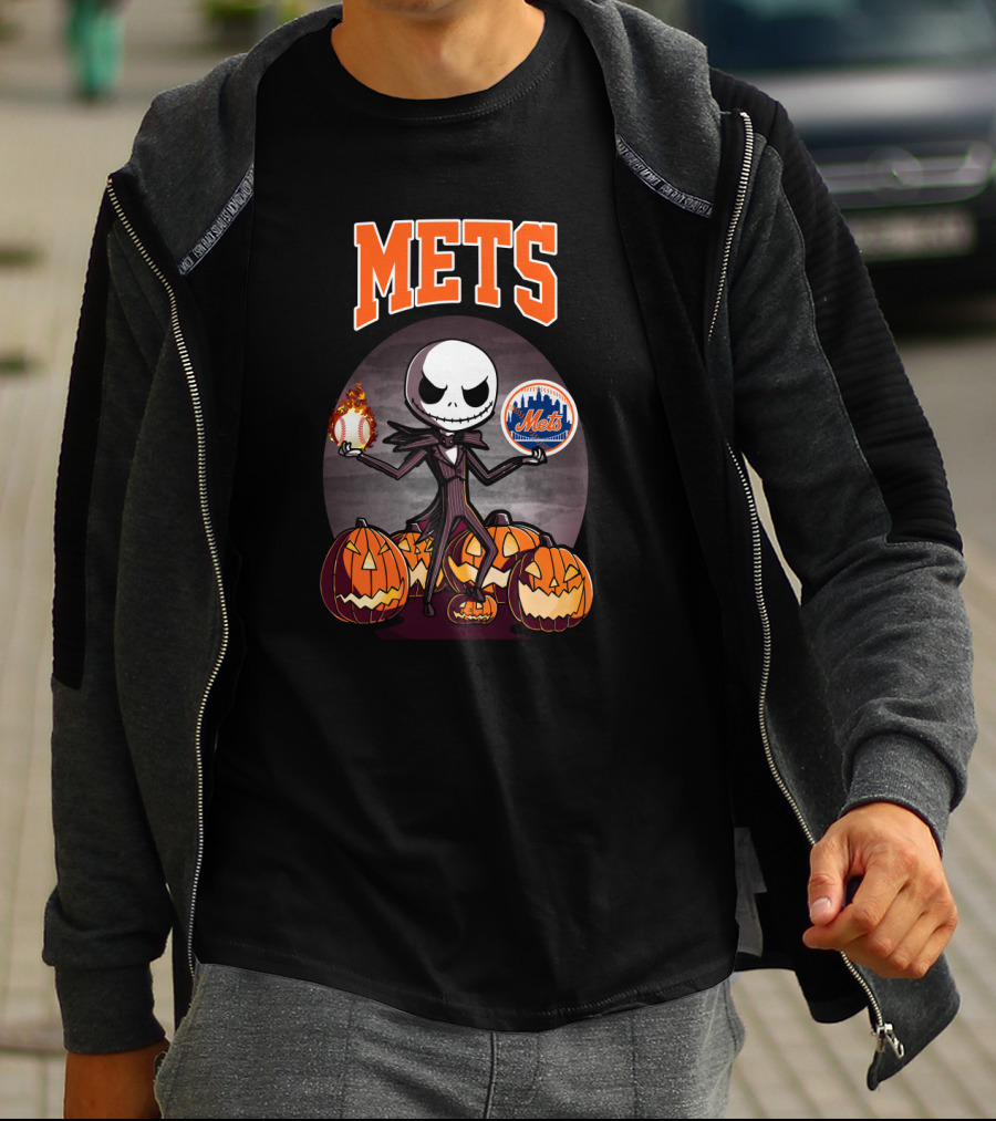 Jack Skellington Halloween New York Mets Pumpkin Baseball T-Shirt