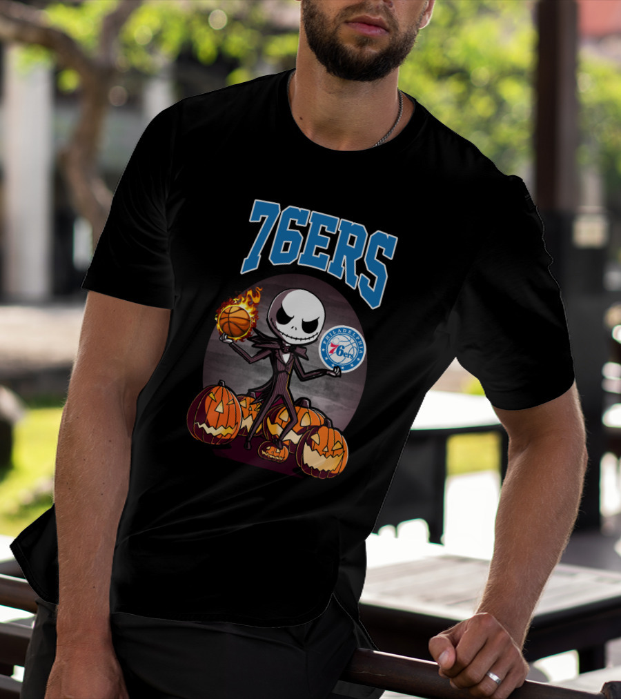 Philadelphia 76ers Jack Skellington Halloween Basketball Pumpkins T-Shirt