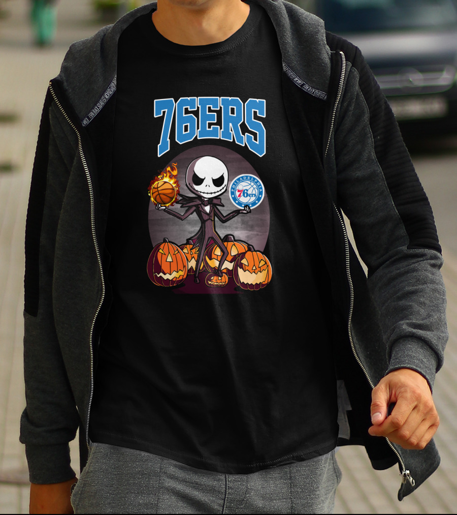 Philadelphia 76ers Jack Skellington Halloween Basketball Pumpkins T-Shirt