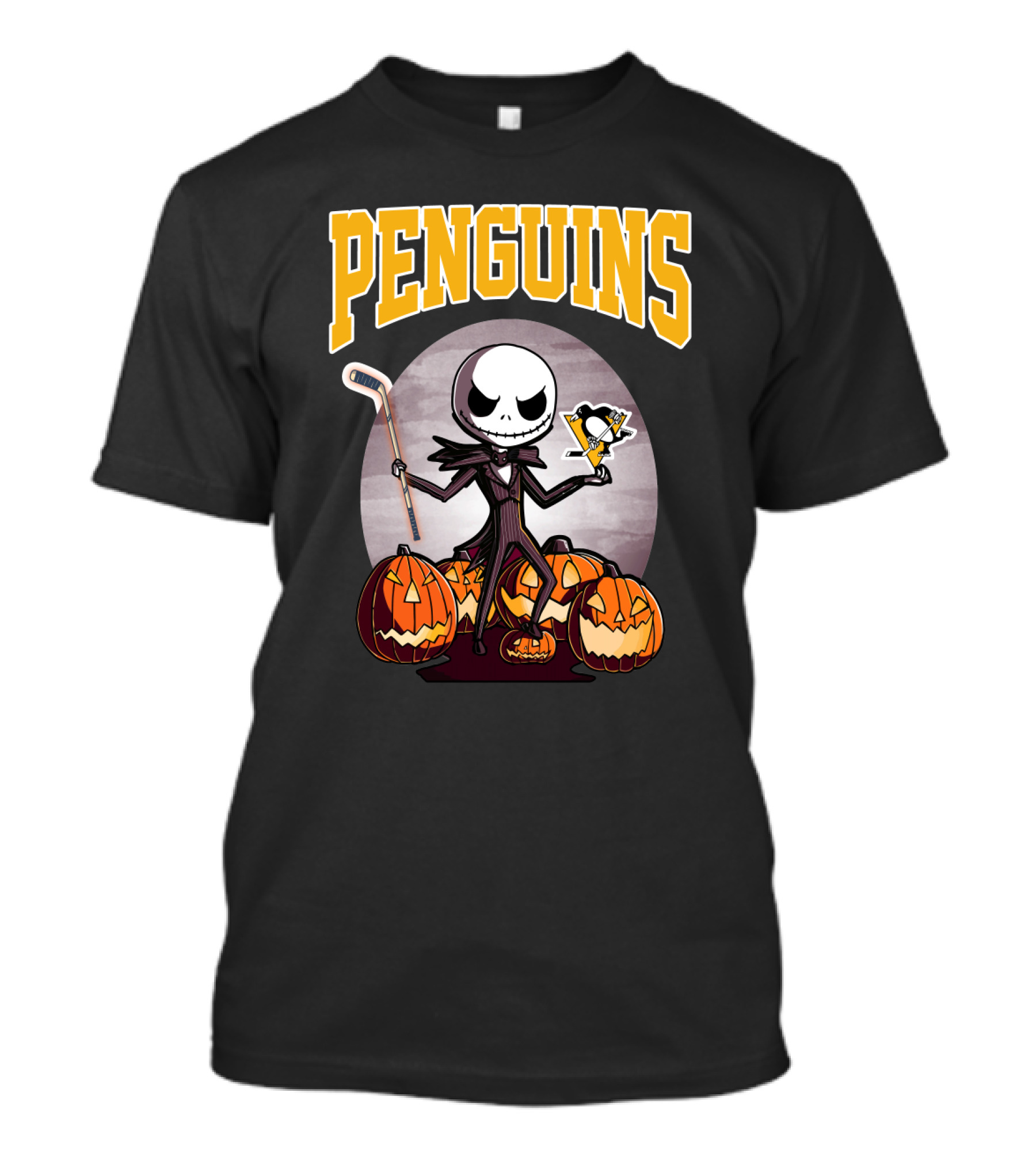 Penguins Jack Skellington Holding Hockey Logo With Pumpkins Halloween T-Shirt