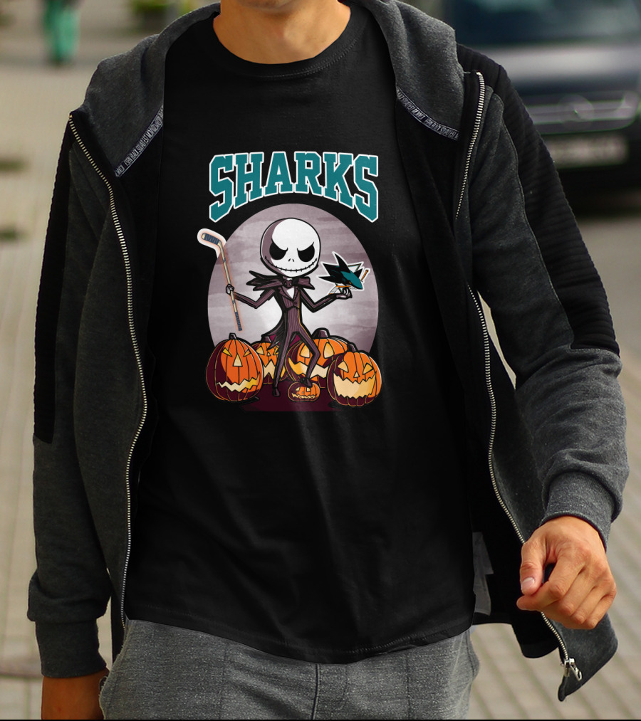 Jack Skellington San Jose Sharks Halloween Hockey Pumpkins T-Shirt