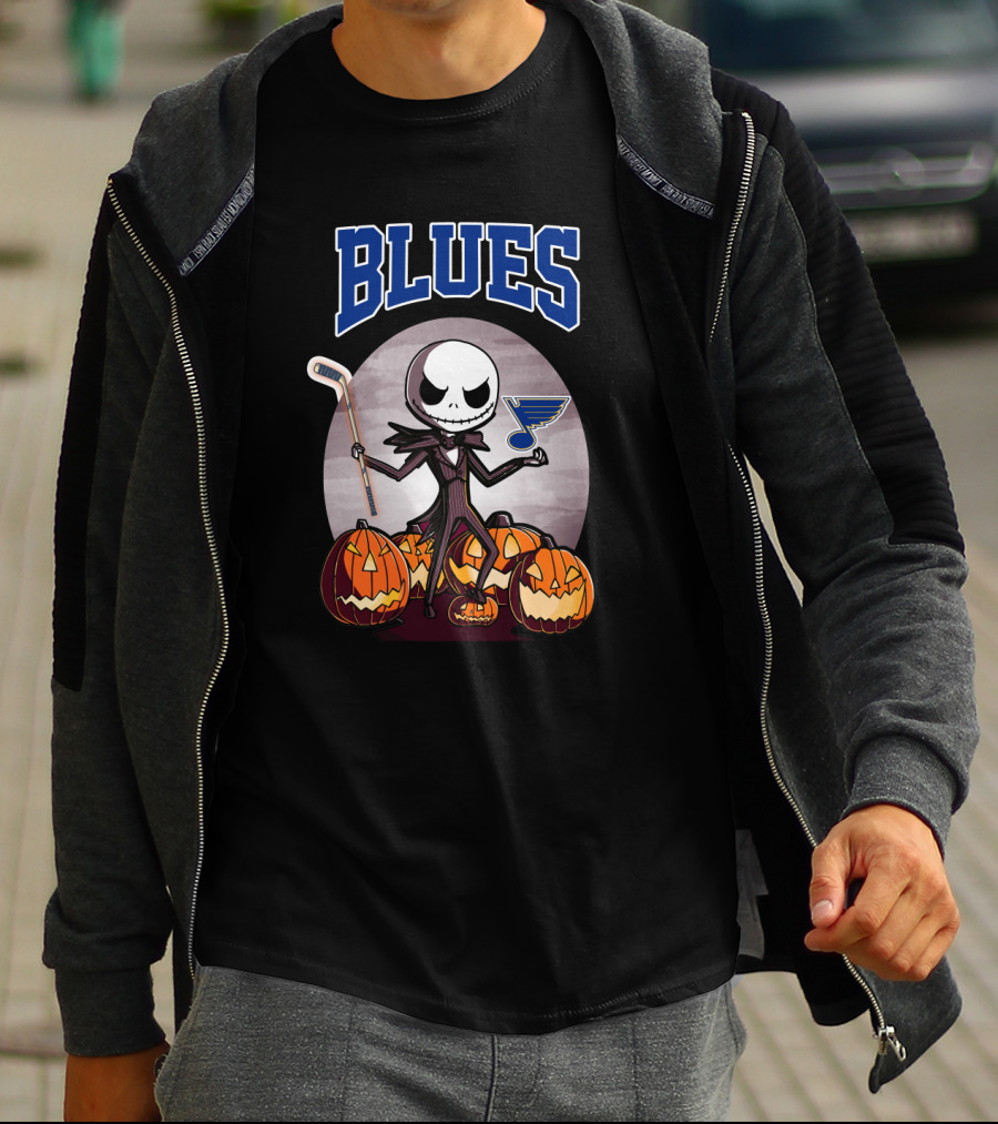 St. Louis Blues With Halloween Jack Skellington And Pumpkins T-Shirt