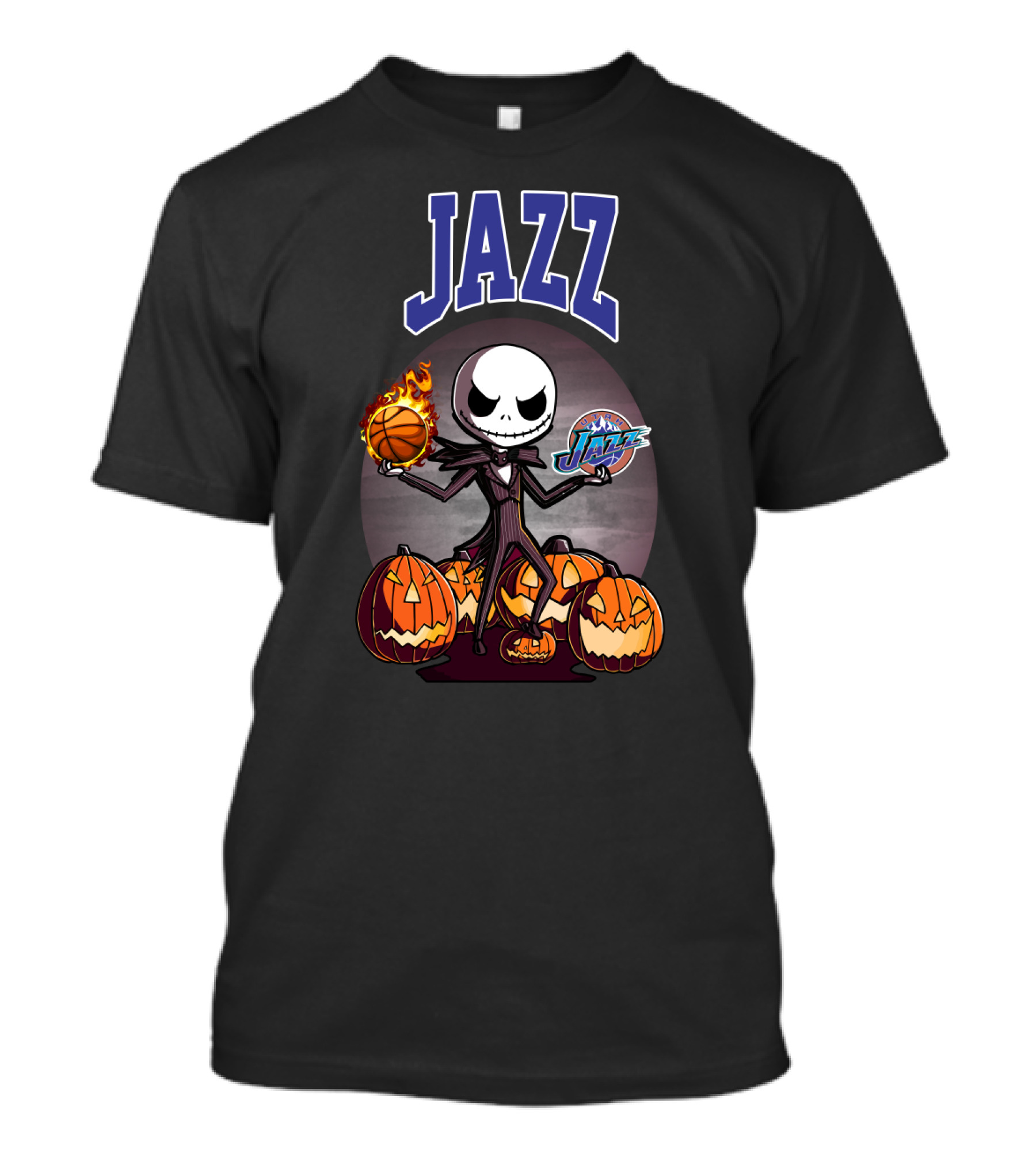 Jack Skellington Halloween Utah Jazz Logo Pumpkins Basketball Flamethrower Dual Image T-Shirt