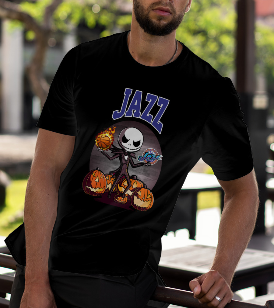 Jack Skellington Halloween Utah Jazz Logo Pumpkins Basketball Flamethrower Dual Image T-Shirt