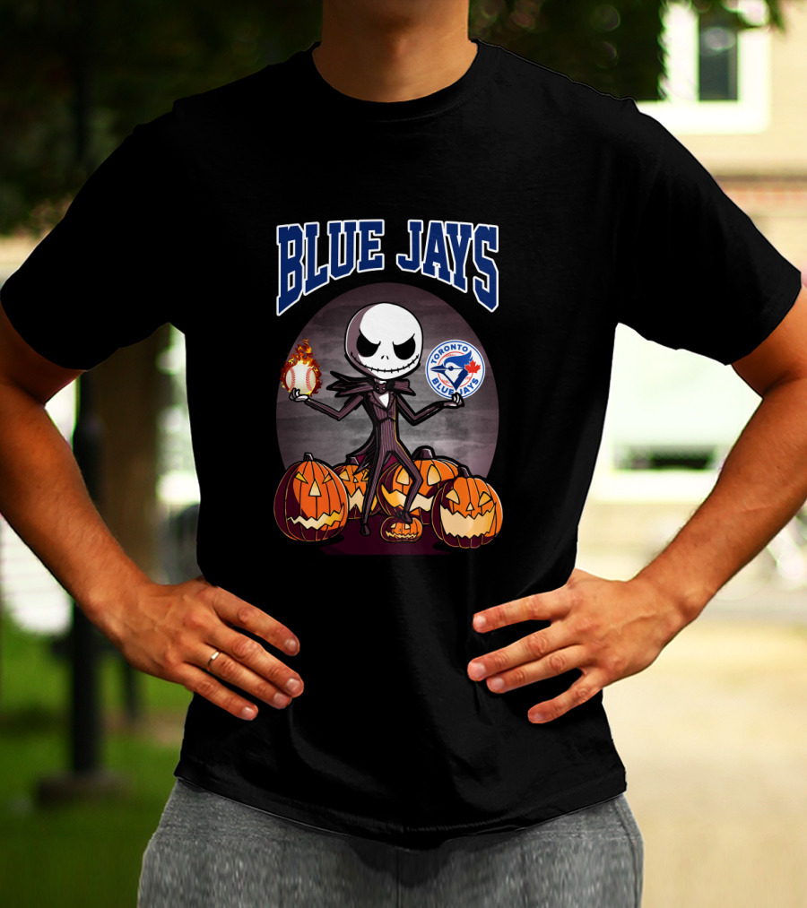 Jack Skellington Toronto Blue Jays Halloween With Pumpkins And Baseball T-Shirt