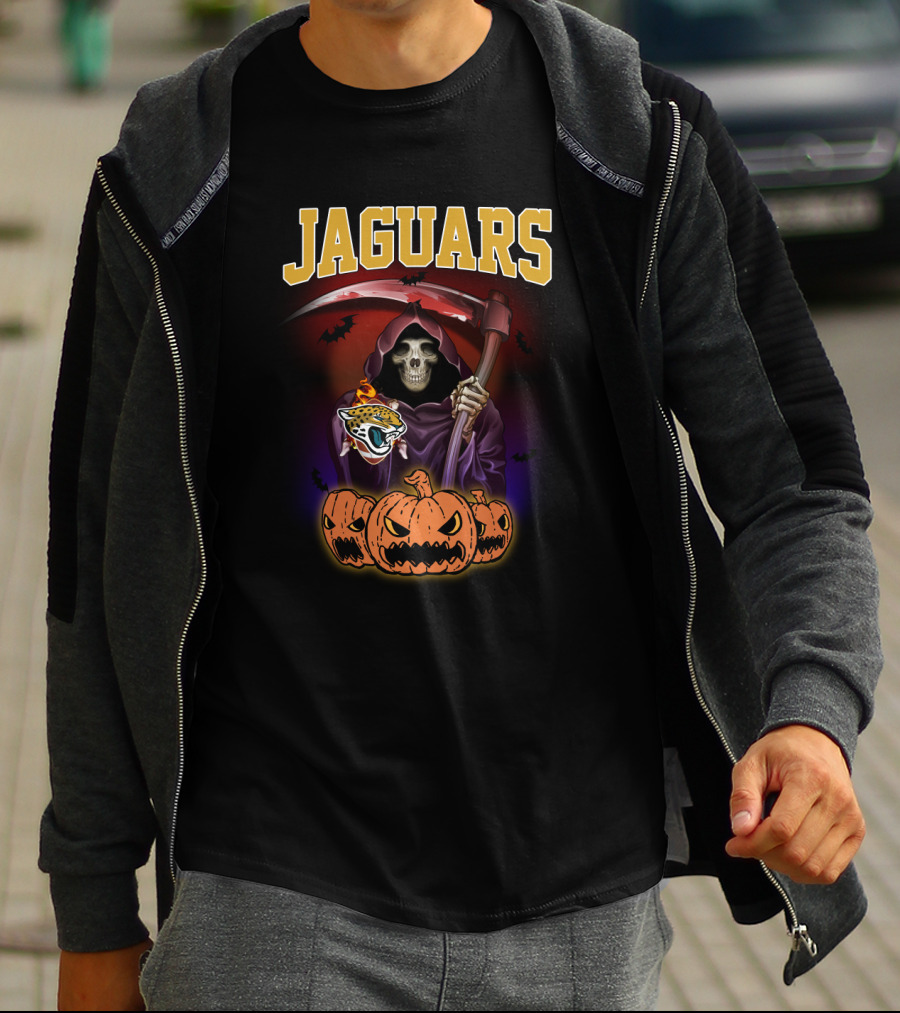 Jaguars Grim Reaper With Scythe And Pumpkins Halloween T-Shirt
