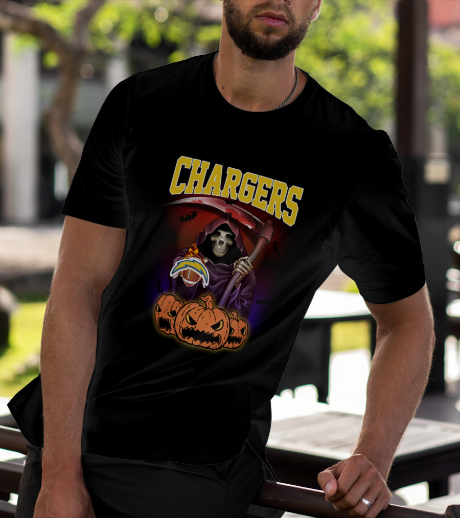 Chargers Grim Reaper With Pumpkins And Football Halloween T-Shirt