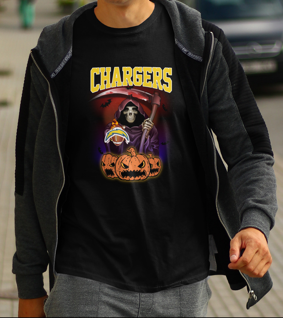 Chargers Grim Reaper With Pumpkins And Football Halloween T-Shirt