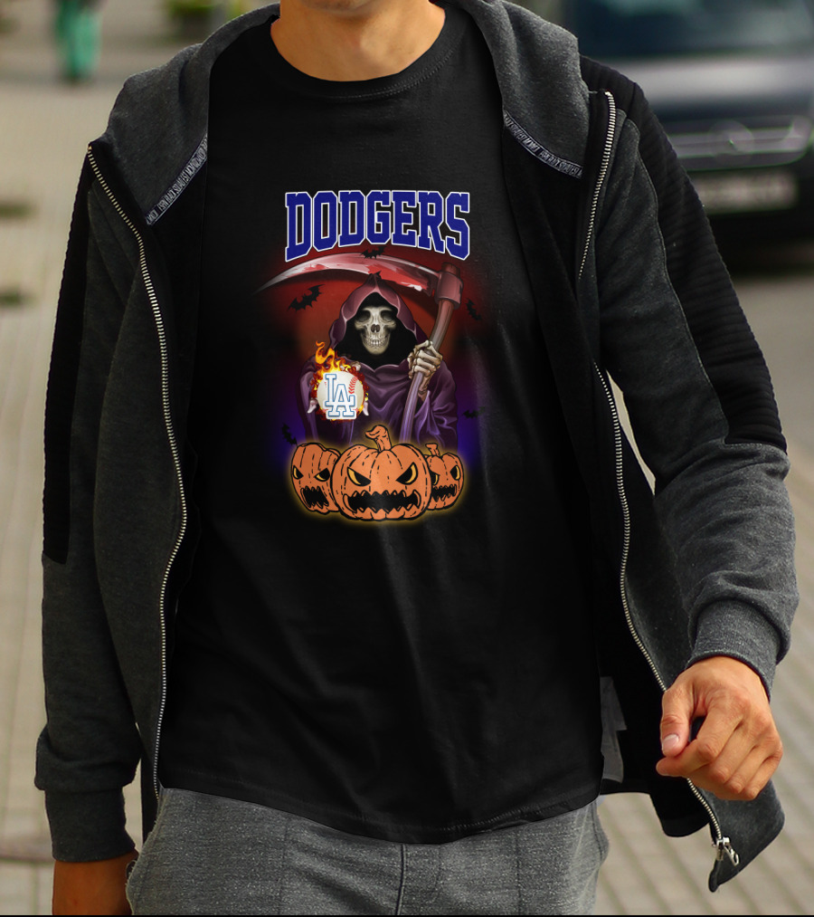 Dodgers Grim Reaper With LA Logo And Halloween Pumpkins T-Shirt