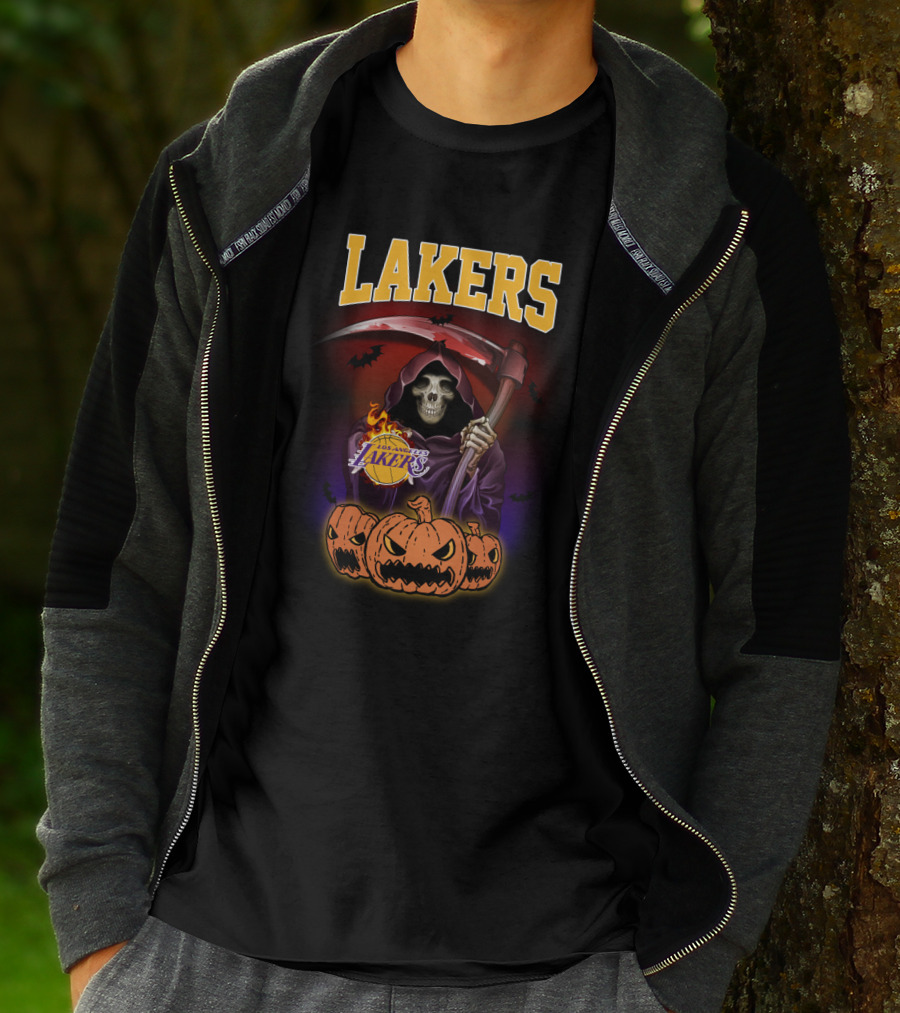 Los Angeles Lakers Reaper Skeleton With Pumpkins Halloween T-Shirt